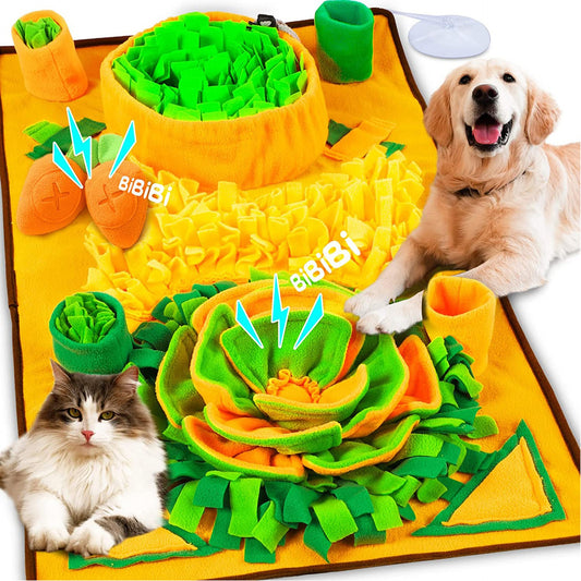 SniffGarden™ Pet Snuffle Mat by Zuka & Co. with treat-hiding fabric, suction cups, and storage strap for dogs and cats.